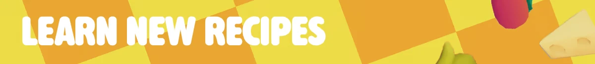 Fluffy Chef: Bold text "LEARN NEW RECIPES" on a yellow checkered background with food items.