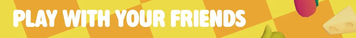 Fluffy Chef: Bold white text "PLAY WITH YOUR FRIENDS" on a yellow checkered background with food items.
