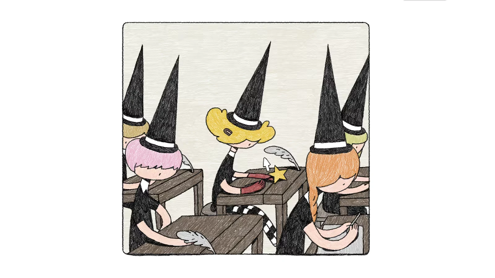 Witch Schoolroom – Fly to Butterfly Valley Fly to Butterfly Valley: Children in black pointed hats sit at desks with quills and paper.
