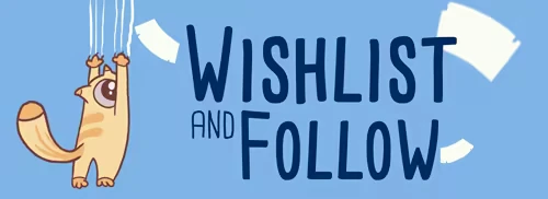 Fofumia: A one-eyed kitten hangs from a paper, next to "WISHLIST AND FOLLOW" in bold blue text.