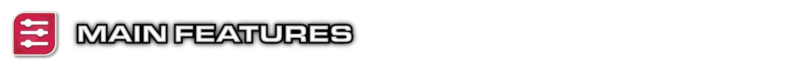 Main Features – Foobar Zero Foobar Zero: Red icon with sliders beside bold white text "MAIN FEATURES" on black background.