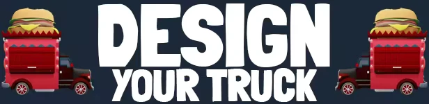 Food Truck Empire: Bold white text "DESIGN YOUR TRUCK" with red trucks topped by burgers.