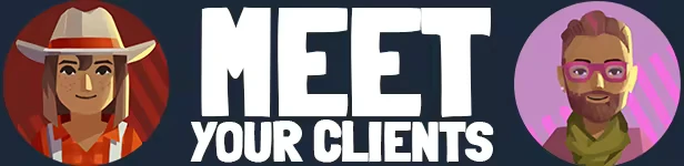 Food Truck Empire: "Meet Your Clients" text with two illustrated characters in circles.