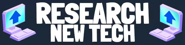 Food Truck Empire: Bold text "RESEARCH NEW TECH" with two computers and blue arrows.