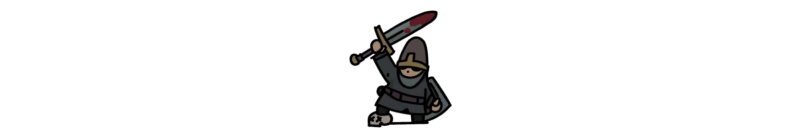 Fool King: Cartoon knight raises a bloodied sword overhead on a black background.