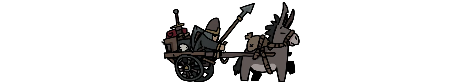 Fool King: Cartoon donkey pulls cart with hooded rider holding spear, skull crate inside.