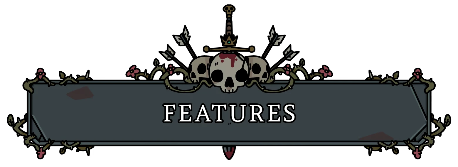 Fool King: Gray banner with skulls, arrows, vines, and bold white text “FEATURES”.