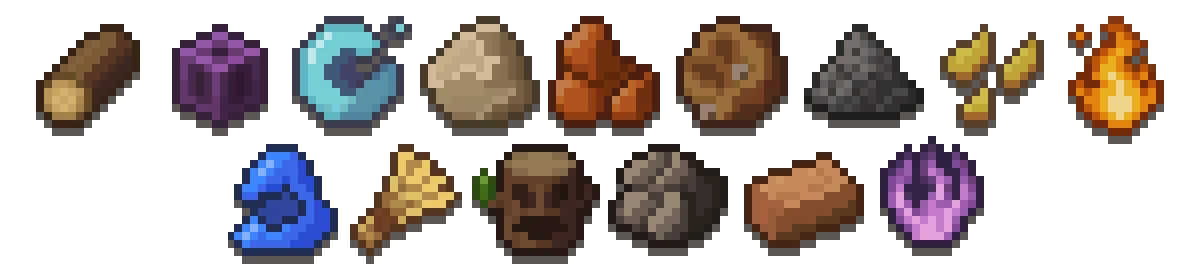Forage Wizard: Pixel art icons of wood, crystals, stones, wheat, fire, and magical elements.
