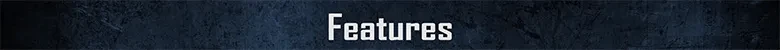 Forensics: Large white word “Features” centered on a dark textured background.