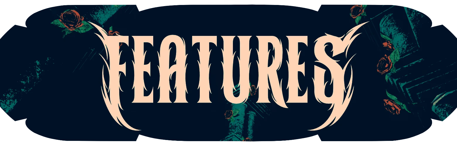 Foreverthorn: Large FEATURES title in pale serif letters, framed by roses on dark blue.