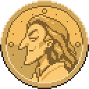 Gold Coin Portrait – Forgery Forgery: Pixel-art gold coin close-up with side-profile portrait and dotted rim border.