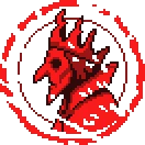 Red Coin Emblem – Forgery Forgery: Red pixel-art coin with a face and crossed tools inside a red circular border.