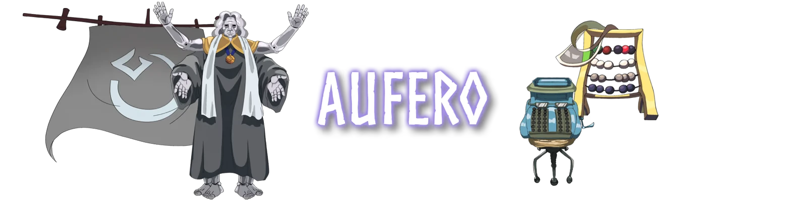 Forgotlings: A robed figure with a flag, "AUFERO" text, typewriter, and abacus characters.