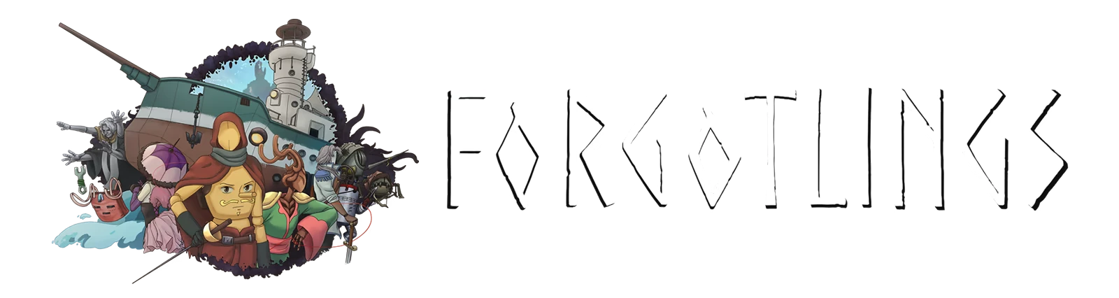 Forgotlings: Hand-drawn characters and a ship with a lighthouse, stylized text "FORGOTLINGS".