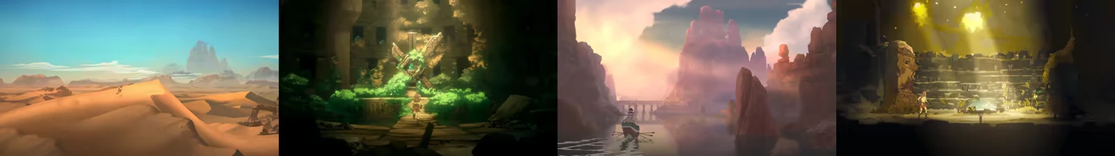 Forgotlings: Four scenes show desert dunes, a lush ruin, a boat on a river, and a lit stone chamber.