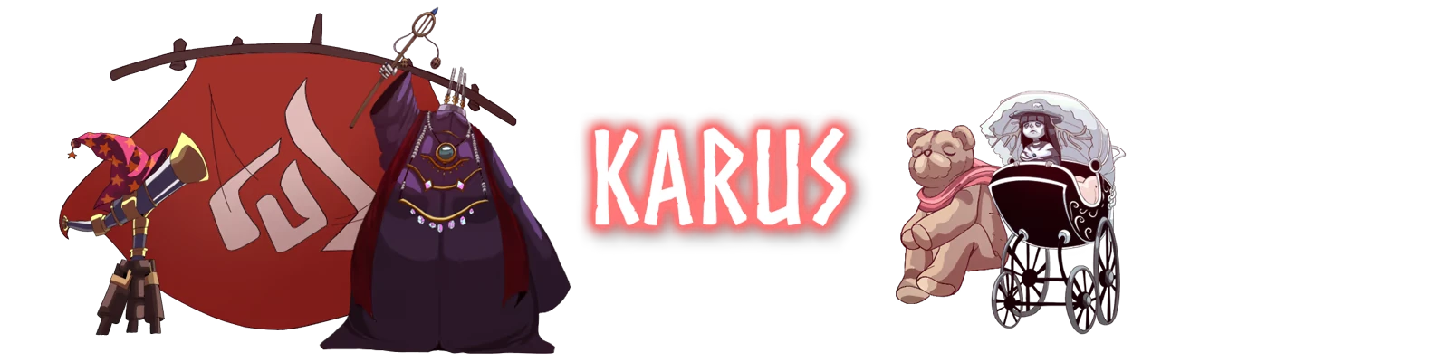 Forgotlings: Three characters, red banner, and glowing "KARUS" text in bold, stylized font.