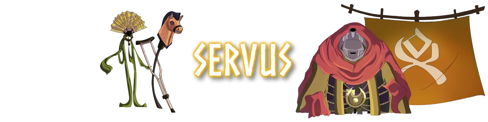 Forgotlings: Two characters, one with a fan head and crutch, another in a cloak, with "SERVUS" text.