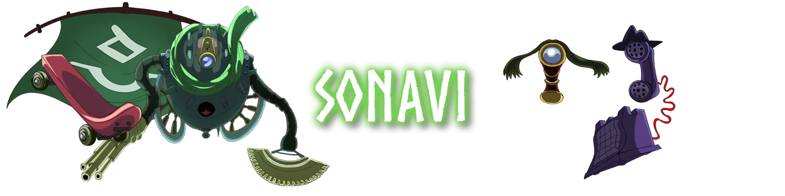 Forgotlings: A green robot with a wheel and cape, "SONAVI" in glowing text, objects on the right.