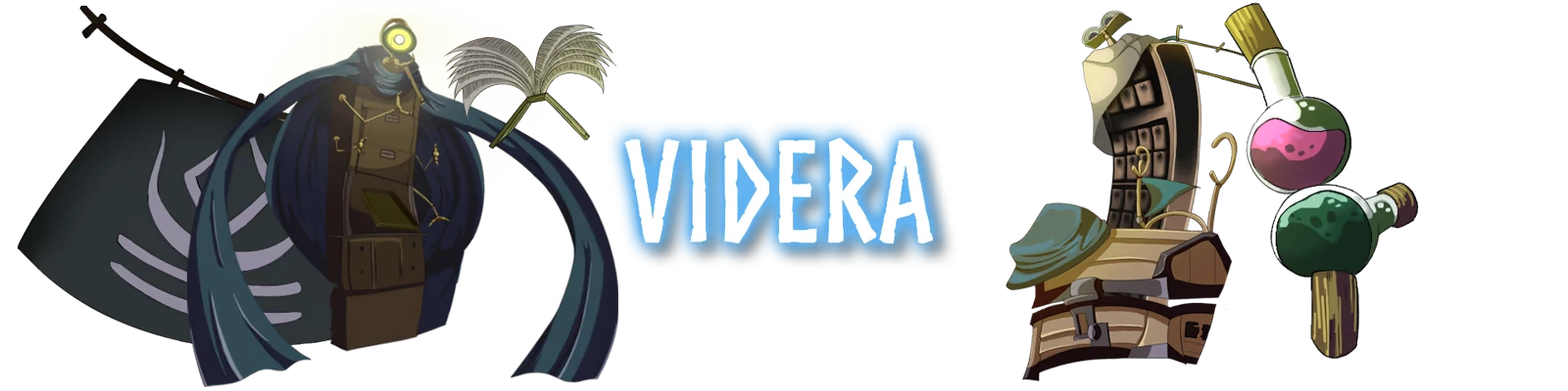 Forgotlings: Two sentient objects flank glowing "VIDERA" text; one with a light, the other with potions.