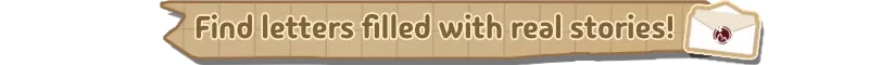 Find Letters – Forgotten Station Forgotten Station: Banner text “Find letters filled with real stories!” with envelope icon.