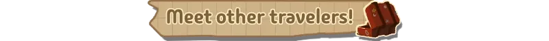 Meet Travelers – Forgotten Station Forgotten Station: Banner text “Meet other travelers!” with two red suitcases icon.