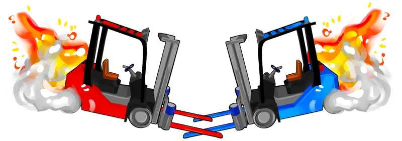 Forklift Fury: Red and blue forklifts collide with fiery explosions and smoke.