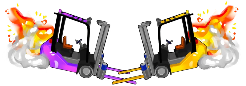 Forklift Fury: Two forklifts, one purple and one yellow, collide with fiery explosions.