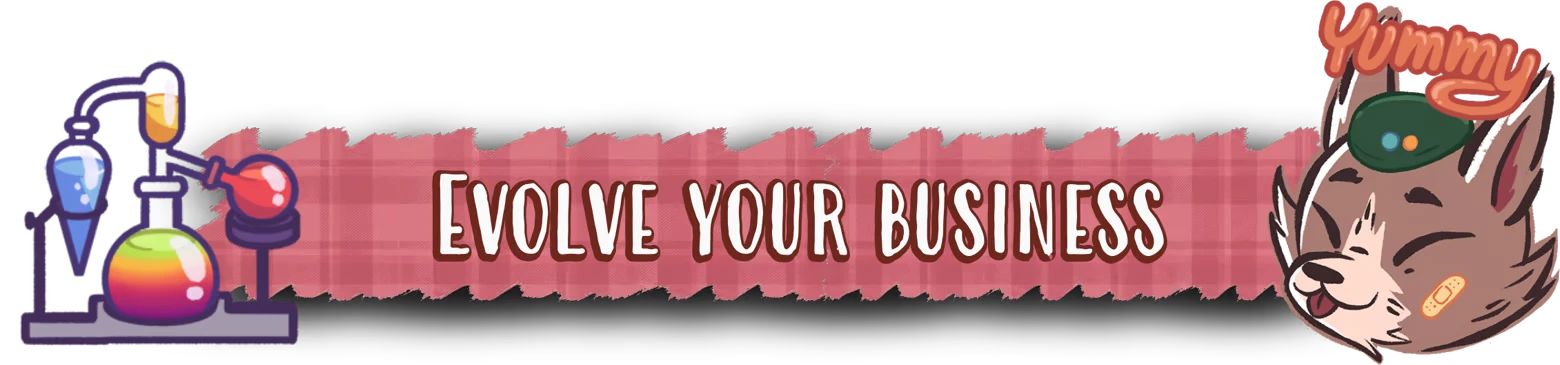 Evolve Your Business – Foxy Dumplings Foxy Dumplings: “EVOLVE YOUR BUSINESS” banner with lab flasks and smiling fox head icon.