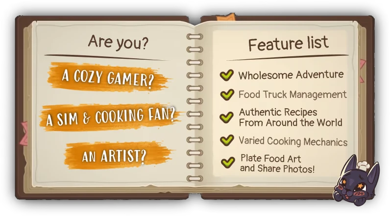 Feature List – Foxy Dumplings Foxy Dumplings: Open notebook with “Are you?” and “Feature list” checkmarked text.