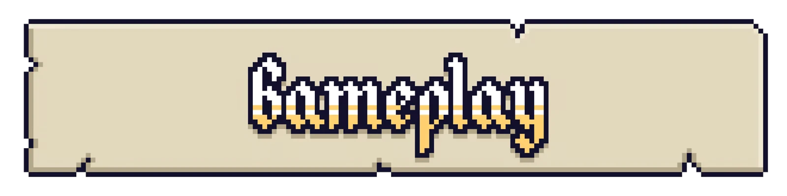 Fractured Library: Pixelated text "Gameplay" on a beige, cracked rectangular background.