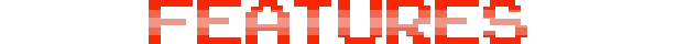 Freddy Farmer: Red pixelated text spelling "FEATURES" on a transparent background.