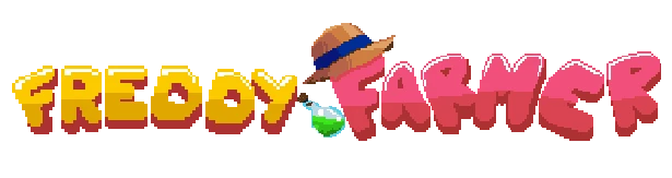 Freddy Farmer: Pixelated yellow and pink title with a hat and potion bottle between words.