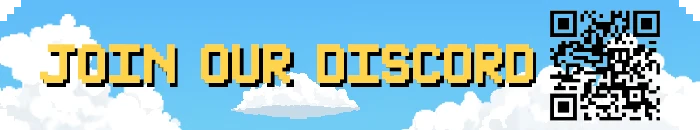 Freefall '95: Pixelated text "JOIN OUR DISCORD" with a QR code against a blue sky and clouds.