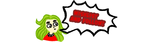 Wishlist Follow – Frieda is Changing Frieda is Changing: Cartoon girl with green hair, red shirt, speech bubble says "WISHLIST AND FOLLOW!"