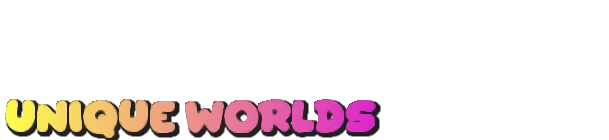 Friend of a Slime: Colorful text "UNIQUE WORLDS" in gradient yellow to pink on a black background.