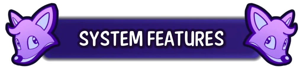System Features – FriendOS FriendOS: Purple banner with white “SYSTEM FEATURES” text, fox heads on both ends.