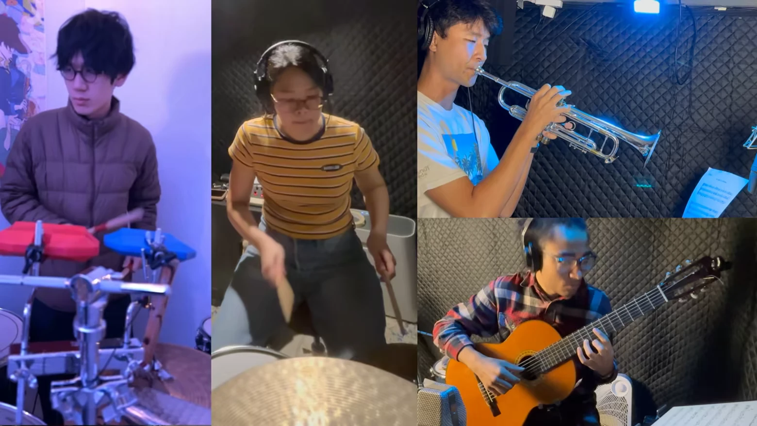Frog In The Pocket: Split-screen musicians playing drums, trumpet, and guitar in studios.