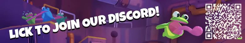 Frog Sqwad: Frogs with long tongues, bold text "LICK TO JOIN OUR DISCORD!", and a QR code.