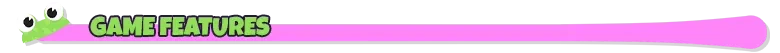 Frog Sqwad: "GAME FEATURES" text in bold green with a cartoon frog eye peeking over a pink bar.