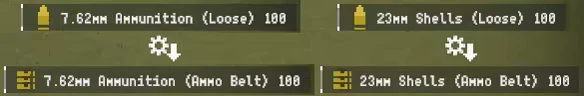 Ammo Conversion Menu – Frontline Logistics: Isarian Warfare Frontline Logistics: UI shows 7.62mm ammo and 23mm shells, loose and ammo belt, 100.