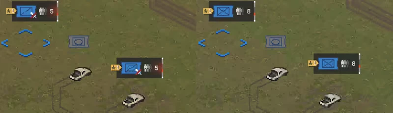 Frontline Logistics: Two UI panels with blue icons and numbers, a small vehicle on grassy terrain.