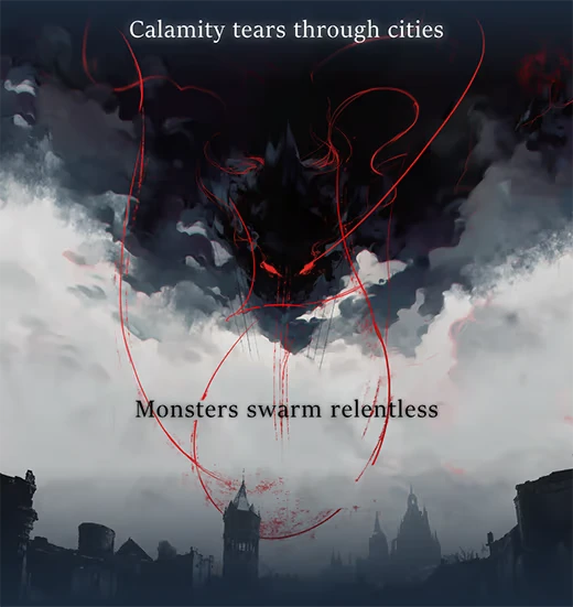 FrostBound: Dark clouds form a sinister face over a ruined city, with red lines and ominous text.