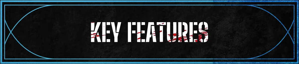 FrostBound: "Key Features" text in bold white with red streaks, framed by blue lines on black.