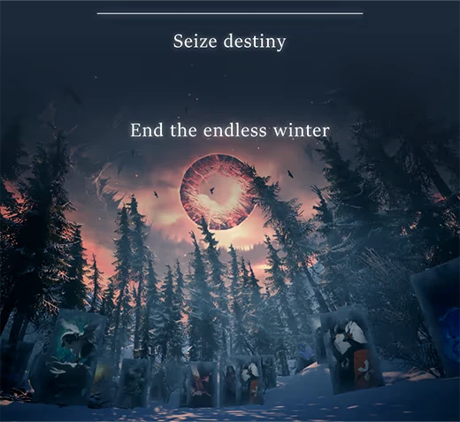 FrostBound: Dark forest with cards in snow, fiery sky, text "Seize destiny, End the endless winter."