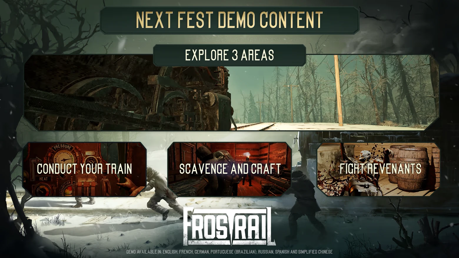 Next Fest Content – Frostrail Frostrail: Promo graphic with “NEXT FEST DEMO CONTENT” and three feature panels below.