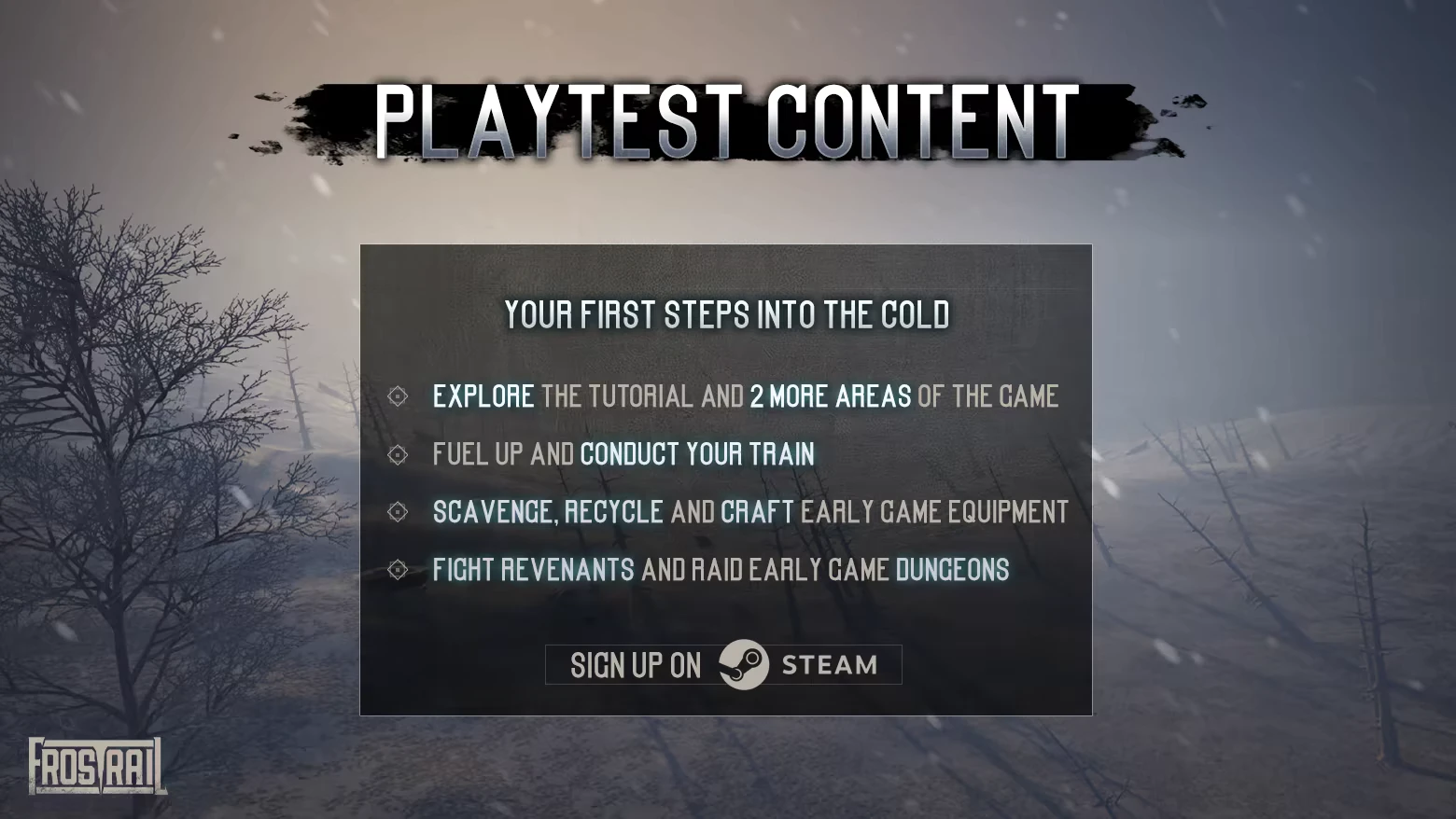 Playtest Content – Frostrail Frostrail: Playtest content card with bullet list and “Sign up on Steam” button.