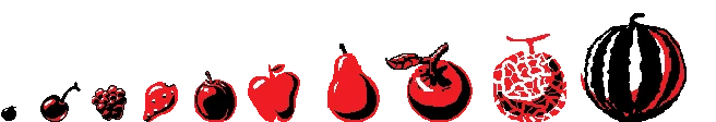 Fruit Evolution Row – Fruitbearer Fruitbearer: Pixel art row of red fruits and a striped melon on black background.