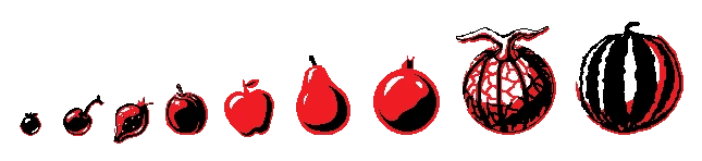 Fruitbearer: Row of red pixel fruit icons on black, ending with large striped melon.