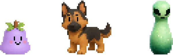 Dog and Worm – FruitSnoot FruitSnoot: Pixel dog between smiling purple fruit and green alien on black background.