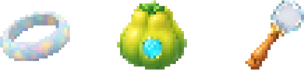 FruitSnoot: Pixel art ring, green gem, and shovel icon on black background.